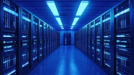 Fototapete - Modern server room with symmetric blue lighting and multiple data racks showcasing high-tech infrastructure, cloud storage, and digital systems for secure computing environments