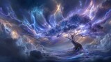 The gloomy stormy sky is filled with the ominous threat of natural disasters and cataclysms as lightning strikes near a solitary tree