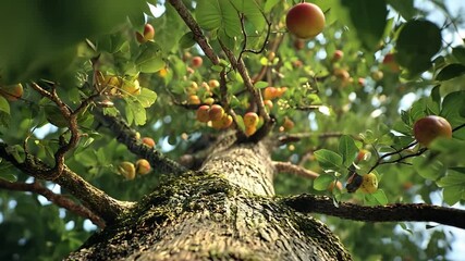 Viewed from bottom to top, the apple tree trunk has many branches and fruit. 4k animation video