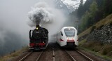 An old steam locomotive racing alongside a magnetic levitation train on parallel tracks through a foggy mountain pass, representing the evolution of transportation