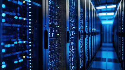 Fototapete - Dark hallway in a modern data center lined with glowing server racks and blue LED lights, symbolizing secure cloud computing, storage systems, and digital infrastructure