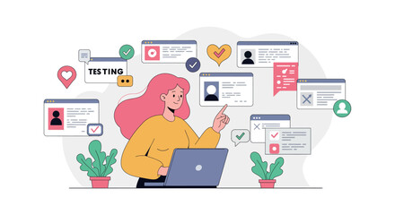 Software testing and quality assurance concept with female developer vector illustration