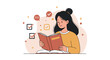 © mxtokar - Young woman reading book with checklist and speech bubble for learning and productivity concept vector illustration