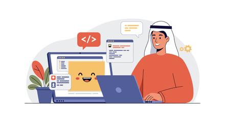 Smiling developer engaging in collaborative programming with digital communication vector illustration