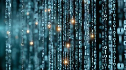 Digital Data Flow: Immersive view of binary code cascading, each line a stream of information, symbolizing the digital realm's complexity.
