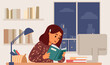 © Александра Гвардейце - School girl studying at home sitting at desk in her room reading flat vector illustration. Primary school kid studying online or homeschooling.