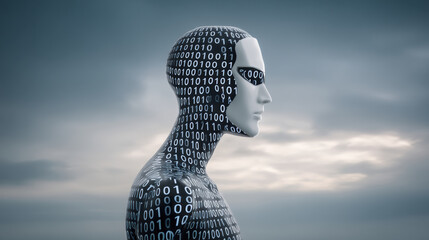 Futuristic humanoid robot covered in binary code symbolizes network and security in digital technology under cloudy sky