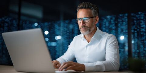 Man working on laptop network security focused on digital data protection and cybersecurity in modern office at night