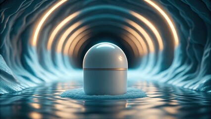 Poster - Futuristic space habitat design concept. Futuristic orb in a glowing tunnel with water reflections.