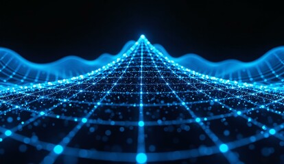 Abstract Blue Geometric Grid with Illuminated Nodes and Wavy Edges