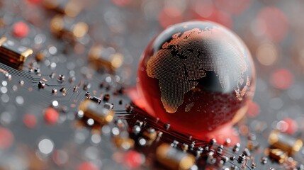 Poster - Digital globe with network lines on hi-tech circuit board, glowing data points symbolizing global connectivity and advanced IT for technology marketing campaigns