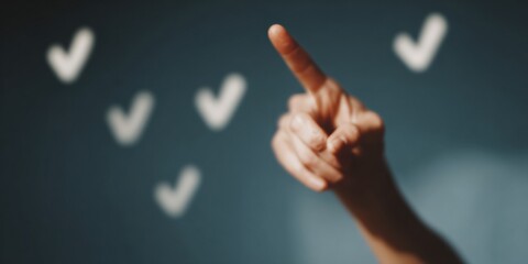 Fototapete - Futuristic Quality Control Concept with Human Finger Pointing Checkmark Icon in Holographic Interface for Digital Verification and Approval