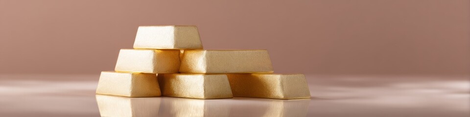 Poster - Reflective Gold Bars Stacked in Pyramid Formation Representing Tangible Asset Investment and Wealth Preservation in Modern Economic Uncertainty
