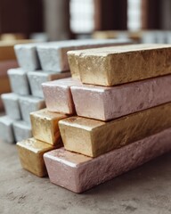 Poster - Industrial Warehouse Stacks of Gold Silver and Rose Gold Bars Representing Tangible Asset Investment and Wealth Preservation Amid Market Volatility