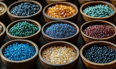 colorful beads display in wooden bowls