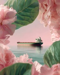 Aufkleber - Maritime insurance risk management with cargo vessel protected by transparent shield graphic on calm waters, blending nautical elements and serene aesthetics