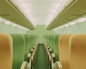 Poster - Modern empty aircraft cabin interior with symmetrical seats and soft lighting, highlighting travel preparation and the future of sustainable airline experiences