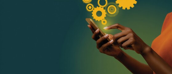 Aufkleber - Modern Business Technology Concept with Smartphone and Floating Interconnected Gears Signifying Agile Workflow and Strategic Transformation
