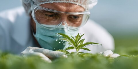 Aufkleber - Scientist in Protective Gear Examining Cannabis Plant in Greenhouse for Medical Research and Pharmaceutical Crop Analysis, Sustainable Biotechnology