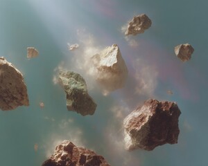 Poster - Explosive Floating Rock Fragments with Dust Trails in Neutral Sky Background for Dynamic Marketing and Breakthrough Innovation Visuals