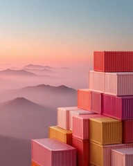 Poster - Vibrant Export Tariff Shipping Containers Stacked in Geometric Patterns against Sunset Mountainscape Symbolizing Global Trade and Cross-Border Logistics