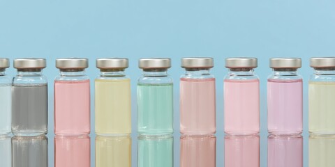 Aufkleber - Precision Row of Colorful Vaccine Vials on Reflective Surface Representing Modern Immunization and Public Health Innovation for Medical Industry