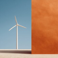 Leinwandbilder - Modern Sustainable Wind Turbine with Three Blades Standing Tall Near Textured Orange Wall - Clean Energy Symbol for Green Technology and Renewable Power