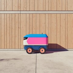 Poster - Compact delivery robot near wooden panels in urban minimalist environment showcasing autonomous logistics innovation for smart city convenience and efficiency