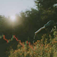 Poster - Fuel Nozzle Dripping Against Sunset with Market Price Chart Overlay - Sustainable Energy Concept Highlighting Global Oil Trends and Environmental Impact