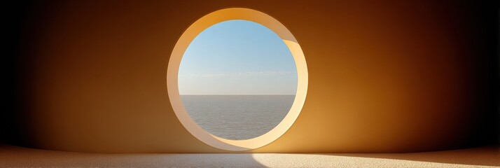 Aufkleber - Minimalist Circular Porthole Window with Clean Glass and Visible Hardware Framing Ocean View - Symbolizing New Beginnings and Modern Architectural Potential