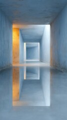 Aufkleber - Minimalist Underground Concrete Passage with Reflective Floor and Ambient Lighting for Modern Architectural and Urban Development Concepts