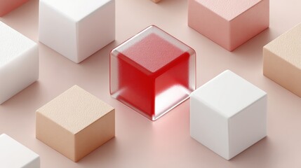 Aufkleber - Tokenized Digital Asset Network with Glowing Red Cube and Textured Containers on Reflective Surface for Modern Finance and Investment Platforms