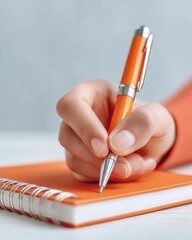 Aufkleber - Close-Up of Hand Writing with Orange Pen on Spiral Notebook for Precise Documentation in Modern Business Setting with Focus on Workflow Efficiency