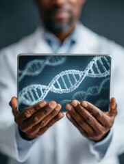 Aufkleber - Digital Genomics in Healthcare Medical Professional Holding Tablet with DNA Double Helix Visualization for Advanced Genetic Research and Personalized Medicine