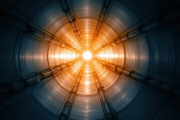 Aufkleber - Futuristic industrial tunnel interior with metallic pipes and glowing light at end, showcasing advanced engineering and modern infrastructure design