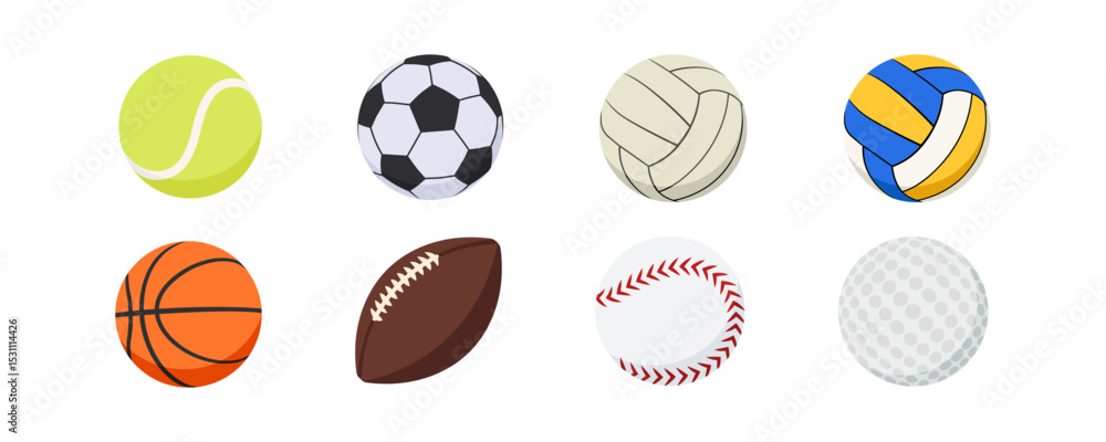 Set of sport balls including tennis, soccer, volleyball, basketball ...