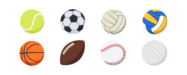 set of sport balls including tennis, soccer, volleyball, basketball, football, baseball and golf.