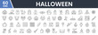 © Fazla - Set of 60 Line Icons Related to Halloween, Spooky Decorations, Horror Symbols, Jack-O'-Lanterns, Witch Hats, Ghosts, Tombstones, Bats, and Haunted Themes, Editable Stroke. Vector Illustration