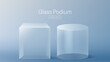 © King Designz - 3D glass transparent crystal. Empty cylindrical pedestal. 3D cylinder and cube glass platforms set background. Vector realistic illustration of transparent plastic round and square
