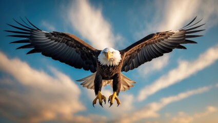 Wall Mural - A bald eagle soars high above against a partly cloudy, partly blue sky.