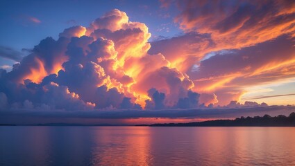 Wall Mural - a stunning evening sky with striking clouds over the water. a magnificent sunset across the water.