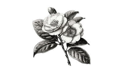 Camellia Japonica vector illustration, botanical flower art, pink camellia, nature-inspired design, Japanese flowers, detailed floral drawings, floral pattern, decorative floral artwork.