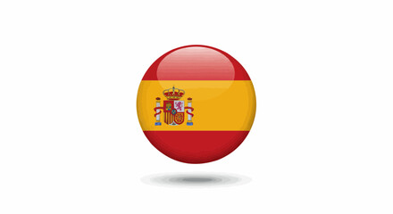 A glossy 3D circular button or badge featuring the national flag of Spain with its coat of arms, a shiny vector illustration symbol of Spanish patriotism, isolated on a white background.