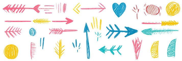 Wall Mural - colorful hand drawn arrow and shape doodles set with paintbrush crayon texture in abstract flat mini