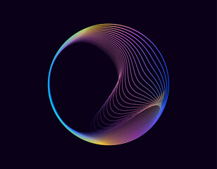 Leinwandbilder - Abstract 3d sphere. Neon gradient curved waves in round shape. Bright spinning circular border. Vector colorful glowing circular tech frame	
