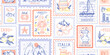 © Olga Che - Summer Italy stamp seamless pattern. Italian postcard with lemon lobster boat. Amalfi beach background. Sea vintage print. Italy summer bg. Post stamp border. Seamless postage vector with Amalfi coast