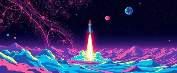 Wall Mural - Retro dotwork space landscape; rocket launch, fiery trail, starscape,  futuristic,  artwork