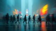 © Formoney - Crowds of people move through a foggy urban setting at night, with vibrant neon lights illuminating the scene. The atmosphere is dynamic and lively despite the mist.