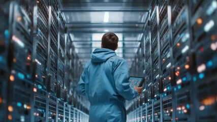 Photo of a data center engineer updating a server using a portable control panel in a futuristic data center, shades of blue, rear view The engineer is wearing a blue uniform