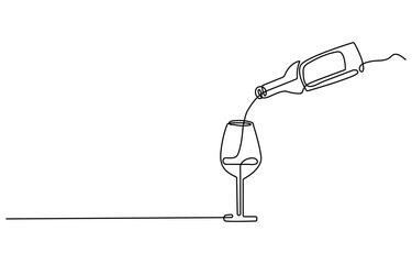 wine bottle and wine glass drawing with one continuous line, continuous line one drawing of wine bot